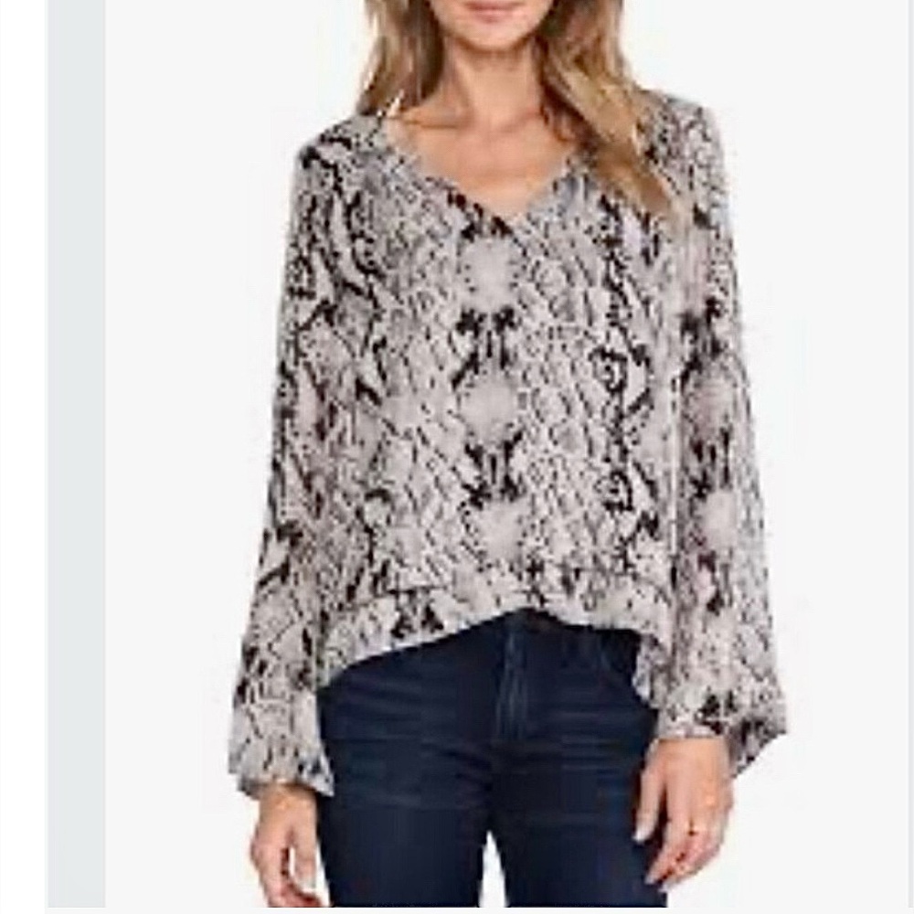 Parker Rita Snakenet Silk Blouse Greige Black Python Snake Print Bell Sleeve